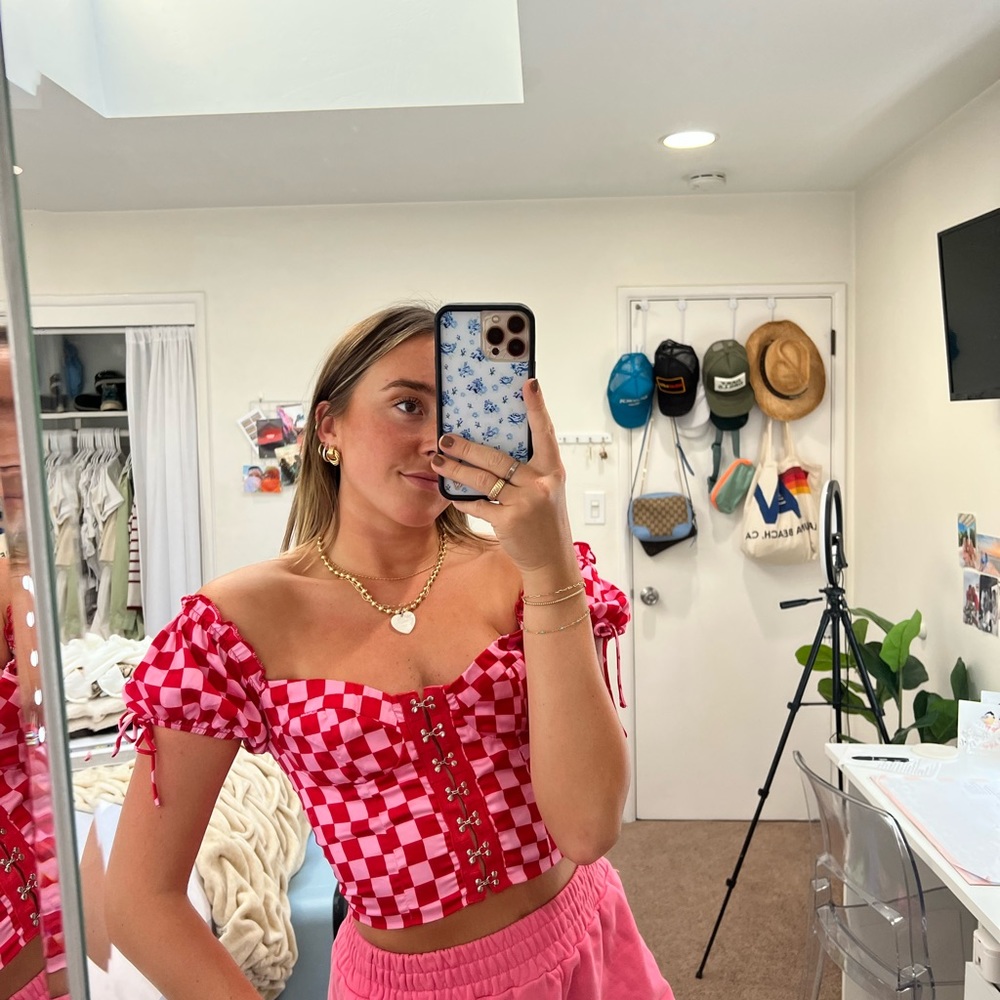 Princess Polly Red and White Lace-Up Crop Top